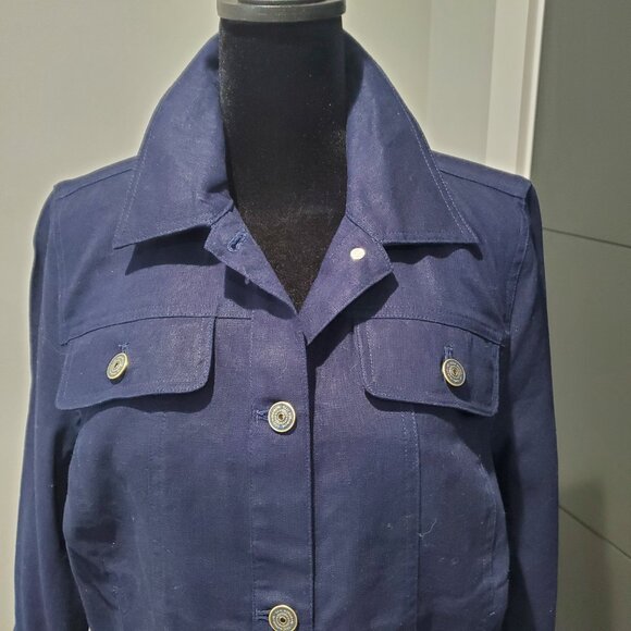 Isaac Mizrahi Navy Blue Linen Blend  Denim Style 3/4 Sleeve Jacket  10 - Picture 4 of 8